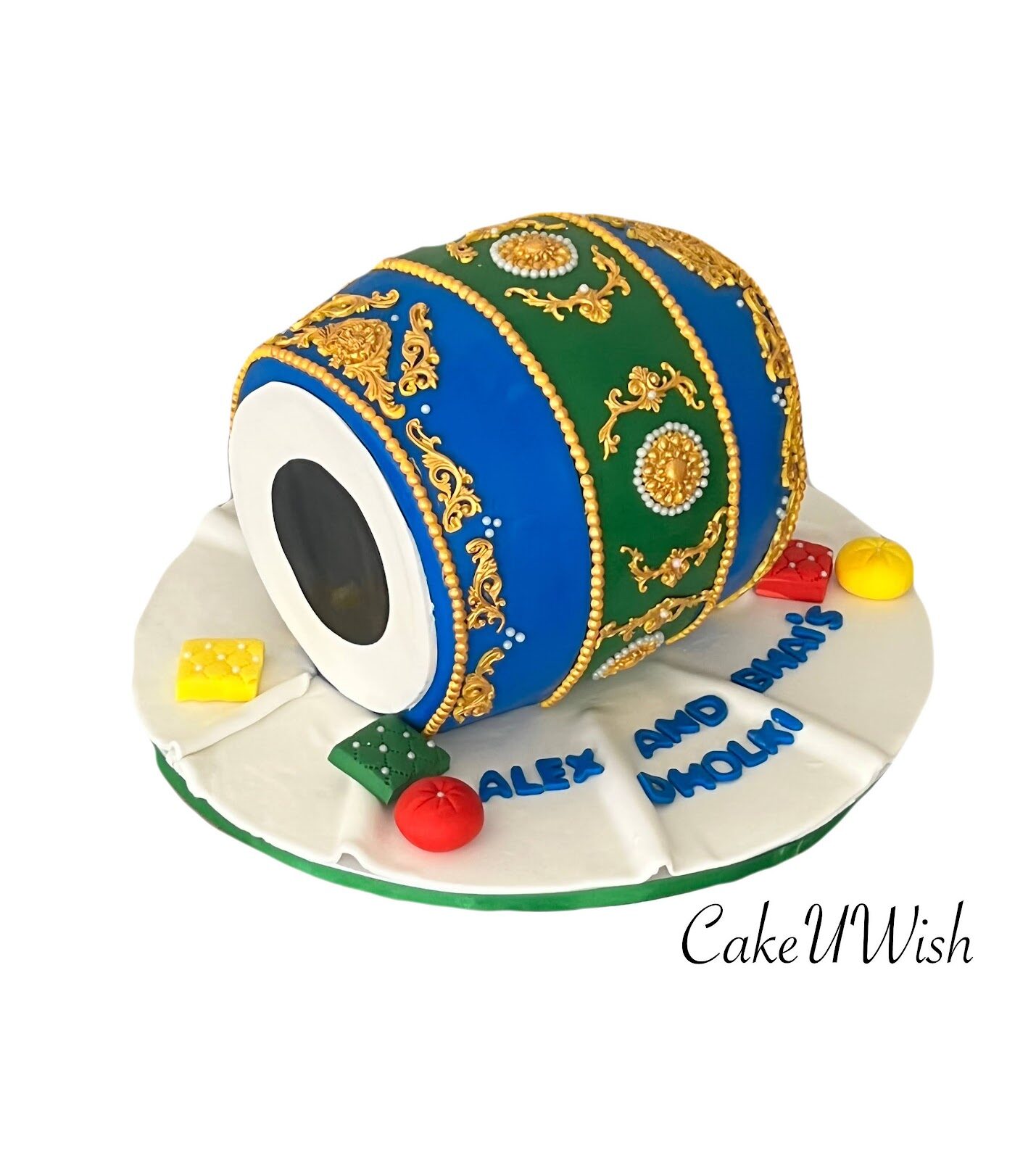 Blue and gold dhol drum-shaped celebration cake