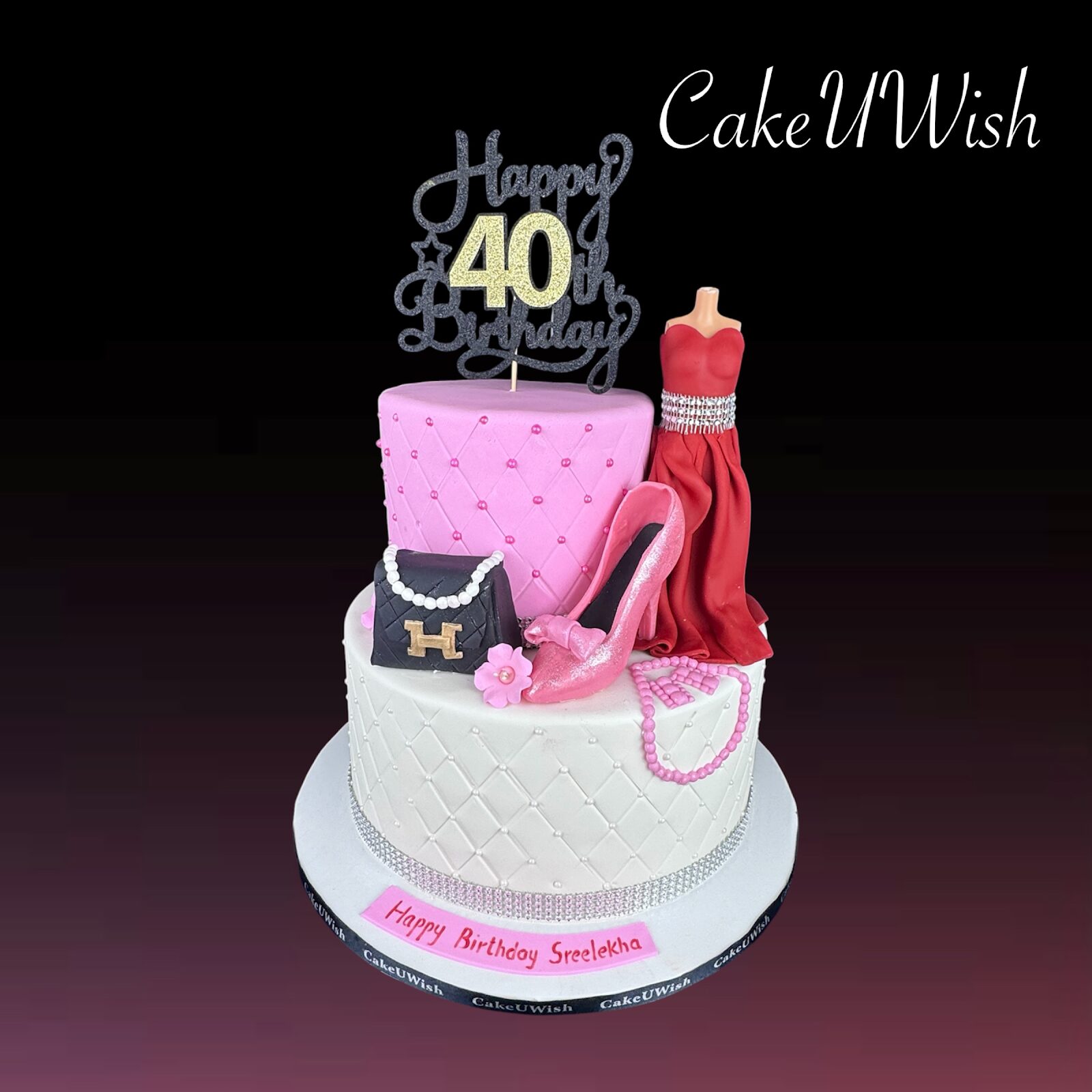 Pink fashion-themed 40th birthday cake with a dress, handbag and heels