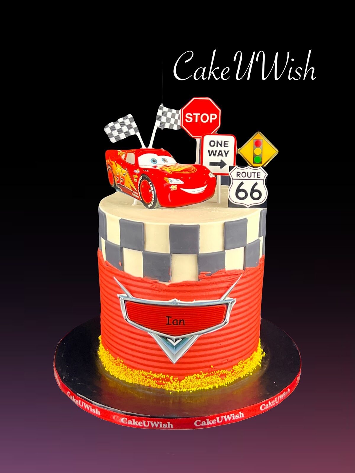 Lightning McQueen Cars Route 66 racing cake in red